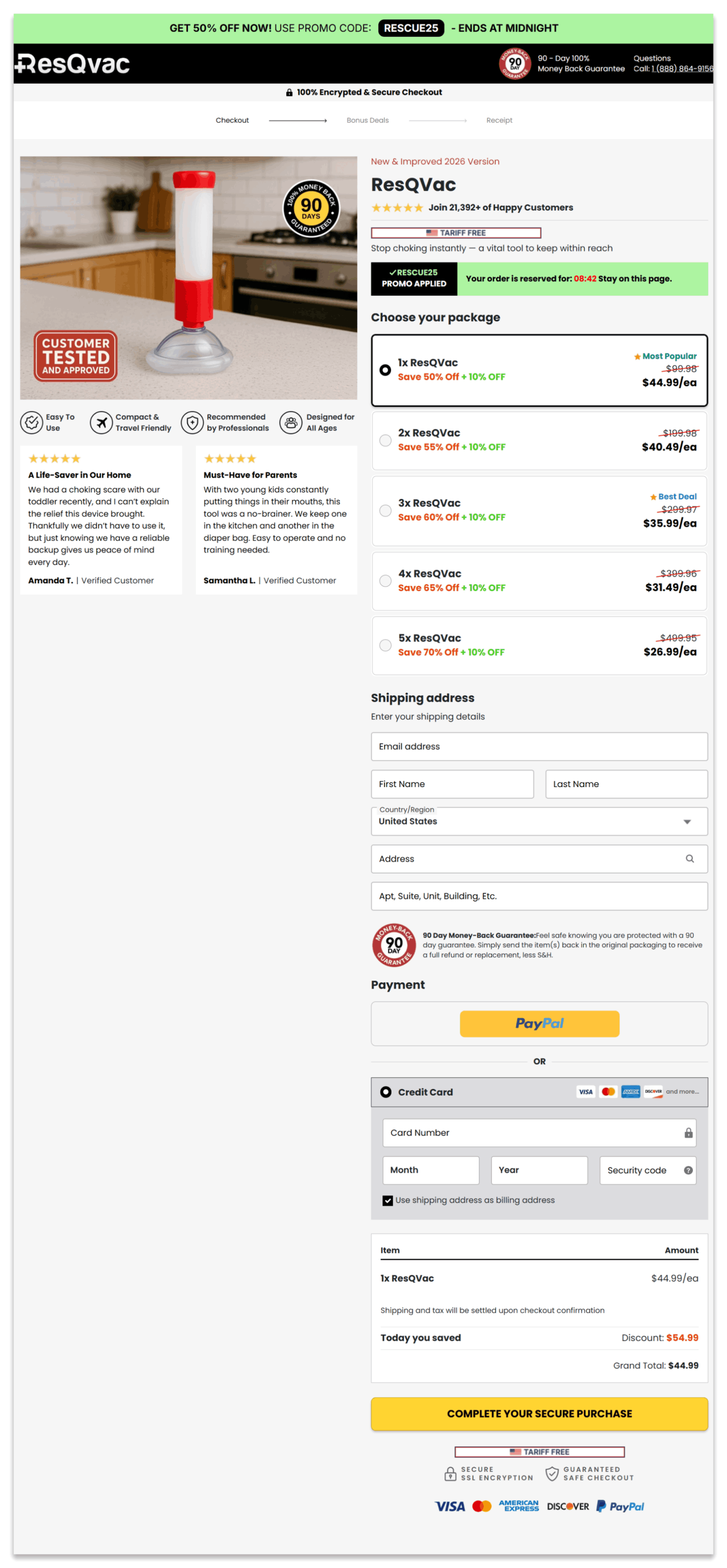 ResQVac secure checkout page